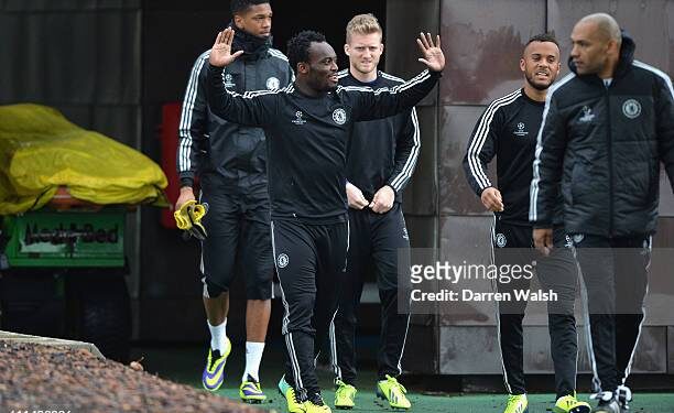 Chelsea's Michael Essien, Ryan Bertrand during a UEFA Champions League training session at the Cobham Training Ground on 5th November 2013 in Cobham, England. (Photo by Darren Walsh/Chelsea FC via Getty Images)
