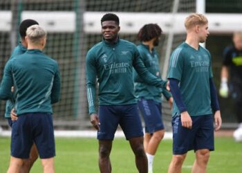 ST ALBANS, ENGLAND - OCTOBER 02: Thomas Partey of Arsenal during a training session at London Colney on October 02, 2023 in St Albans, England. (Photo by Stuart MacFarlane/Arsenal FC via Getty Images)