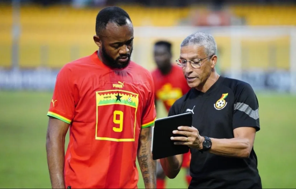 Ghana forward Jordan Ayew being tutored by Black Stars manager Chris Hughton during an AFCON qualification game at the Baba Yara Stadium