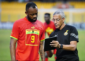 Ghana forward Jordan Ayew being tutored by Black Stars manager Chris Hughton during an AFCON qualification game at the Baba Yara Stadium