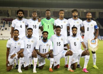DOHA, QATAR - JUNE 20: Somalia players pose for a team photo ahead of the 2021 FIFA Arab Cup Qatar Qualifiers match between Oman and Somalia at Jassim Bin Hamad Stadium on June 20, 2021 in Doha, Qatar. (Photo by Mohamed Farag - FIFA/FIFA via Getty Images)