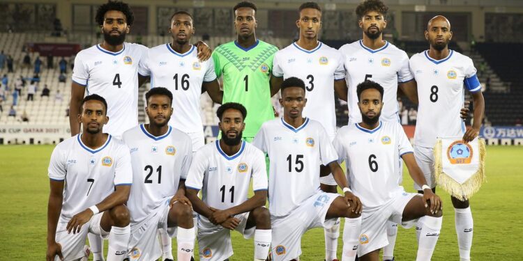 DOHA, QATAR - JUNE 20: Somalia players pose for a team photo ahead of the 2021 FIFA Arab Cup Qatar Qualifiers match between Oman and Somalia at Jassim Bin Hamad Stadium on June 20, 2021 in Doha, Qatar. (Photo by Mohamed Farag - FIFA/FIFA via Getty Images)