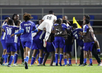 Alia Fikiri Salum of JKT Queens celebrates goal with teammates during the 2023 CAF Womens Champions League finals match between Athletico Abidjan and JKT Queens at Amadou Gon Coulibaly Stadium in Korhogo on 08 November 2023 ©Samuel Shivambu/BackpagePix
