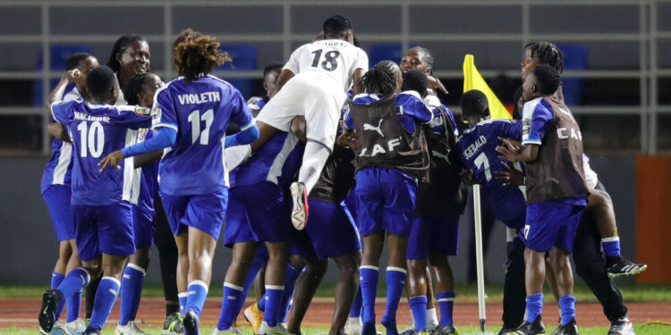 Alia Fikiri Salum of JKT Queens celebrates goal with teammates during the 2023 CAF Womens Champions League finals match between Athletico Abidjan and JKT Queens at Amadou Gon Coulibaly Stadium in Korhogo on 08 November 2023 ©Samuel Shivambu/BackpagePix