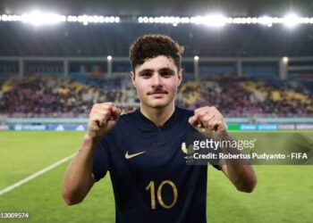 SURAKARTA, INDONESIA - NOVEMBER 25: Ismail Bouneb of France celebrates victory after the FIFA U-17 World Cup Quarter Final match between France and Uzbekistan at Manahan Stadium on November 25, 2023 in Surakarta, Indonesia. (Photo by Robertus Pudyanto - FIFA/FIFA via Getty Images)