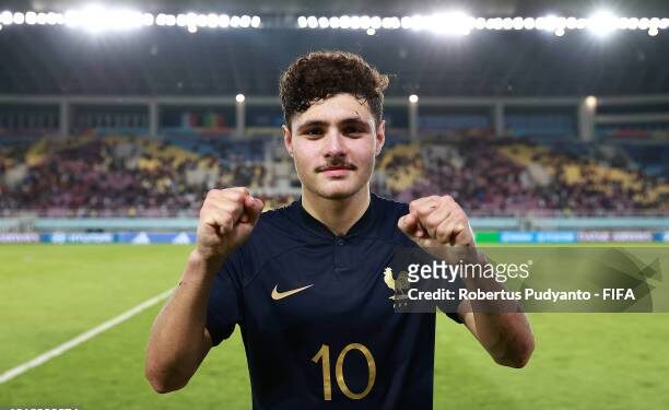 SURAKARTA, INDONESIA - NOVEMBER 25: Ismail Bouneb of France celebrates victory after the FIFA U-17 World Cup Quarter Final match between France and Uzbekistan at Manahan Stadium on November 25, 2023 in Surakarta, Indonesia. (Photo by Robertus Pudyanto - FIFA/FIFA via Getty Images)
