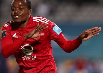 Percy Tau of Al Ahly celebrates goal during the 2022 FIFA Club World Cup Match between Al Ahly and Auckland City held at Ibn Batota Stadium in Tangier, Morocco on 1 February 2023 ©Nour Akanja/BackpagePix