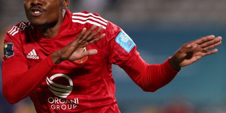 Percy Tau of Al Ahly celebrates goal during the 2022 FIFA Club World Cup Match between Al Ahly and Auckland City held at Ibn Batota Stadium in Tangier, Morocco on 1 February 2023 ©Nour Akanja/BackpagePix