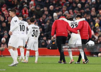 LIVERPOOL, ENGLAND - NOVEMBER 30: Ibrahim Mustapha of LASK Linz is substituted off following an injury during the UEFA Europa League match between Liverpool FC and LASK at Anfield on November 30, 2023 in Liverpool, England. (Photo by Catherine Ivill/Getty Images)