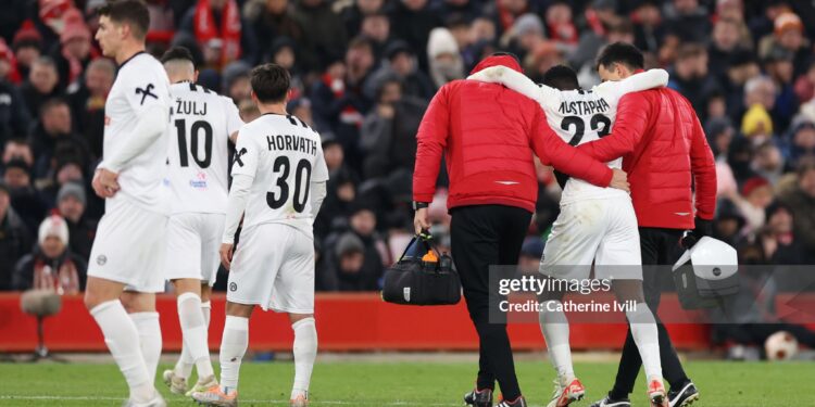 LIVERPOOL, ENGLAND - NOVEMBER 30: Ibrahim Mustapha of LASK Linz is substituted off following an injury during the UEFA Europa League match between Liverpool FC and LASK at Anfield on November 30, 2023 in Liverpool, England. (Photo by Catherine Ivill/Getty Images)