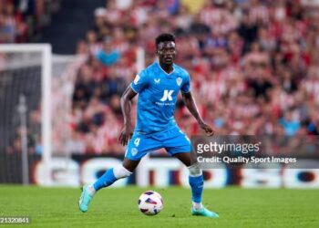 BILBAO, SPAIN - OCTOBER 06: Iddrisu Baba of UD Almeria in action during the LaLiga EA Sports match between Athletic Club and UD Almeria at Estadio de San Mames on October 06, 2023 in Bilbao, Spain. (Photo by Ion Alcoba/Quality Sport Images/Getty Images)