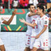 Tunisia's players celebrate after scoring a goal during the Group F Africa Cup of Nations (CAN) 2021 football match between Tunisia and Mauritania at Limbe Omnisport Stadium in Limbe on January 16, 2022. (Photo by Issouf SANOGO / AFP)