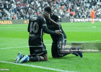 ISTANBUL, TURKEY - NOVEMBER 12: Jackson Muleka (40) of Besiktas celebrates after scoring the first goal of his team with Daniel Amartey (12) during the Turkish Super League match between Besiktas and Basaksehir at Tupras Stadium on November 12, 2023 in Istanbul, Turkey. (Photo by Seskim Photo/MB Media/Getty Images)