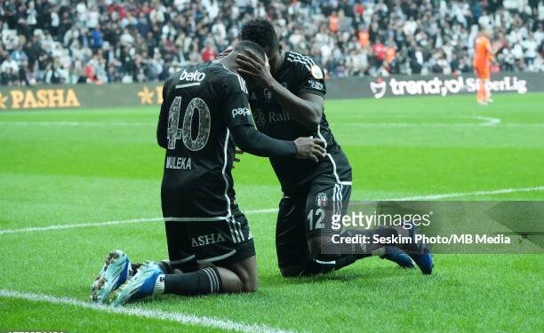 ISTANBUL, TURKEY - NOVEMBER 12: Jackson Muleka (40) of Besiktas celebrates after scoring the first goal of his team with Daniel Amartey (12) during the Turkish Super League match between Besiktas and Basaksehir at Tupras Stadium on November 12, 2023 in Istanbul, Turkey. (Photo by Seskim Photo/MB Media/Getty Images)
