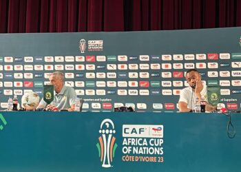 Jordan Ayew and Chris Hughton at Presser ahead of Egypt game