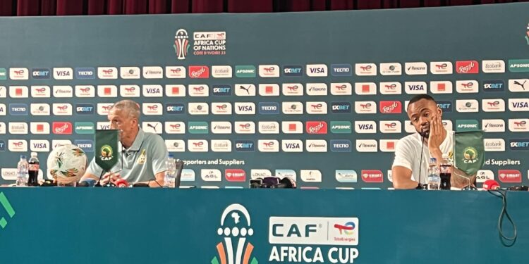 Jordan Ayew and Chris Hughton at Presser ahead of Egypt game