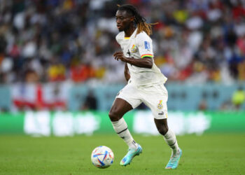 AL RAYYAN, QATAR - NOVEMBER 28: Gideon Mensah of Ghana in actionduring the FIFA World Cup Qatar 2022 Group H match between Korea Republic and Ghana at Education City Stadium on November 28, 2022 in Al Rayyan, Qatar. (Photo by Shaun Botterill - FIFA/FIFA via Getty Images)