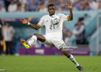 AL WAKRAH, QATAR - DECEMBER 02: Salis Abdul Samed of Ghana in action during the FIFA World Cup Qatar 2022 Group H match between Ghana (0) and Uruguay (2) at Al Janoub Stadium on December 02, 2022 in Al Wakrah, Qatar. (Photo by Simon Bruty/Anychance/Getty Images)