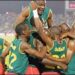 Cameroon players jubilate after Salom Olembe (20) scored against Mali 07 February 2002 during their African Nations Cup semi-final match in Bamako 07 February 2002. AFP PHOTO FRANCK FIFE