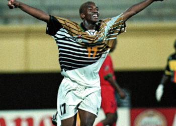 980219CC04:INTERNATIONAL:SPORT:SOCCER:FEB98 - Bafana Bafana striker Benni McCarthy celebrates scoring one of four goals against Namibia during the 1998 Africa Nations Cup. (Photo by Coca-Cola / PictureNET Africa)