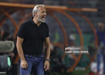 DR Congo's French head coach Sebastien Desabre shouts instructions to his players from the touchline during the Africa Cup of Nations (CAN) 2024 group F football match between Tanzania and  Democratic Republic of Congo at the Amadou Gon Coulibaly Stadium in Korhogo on January 24, 2024. (Photo by Fadel Senna / AFP) (Photo by FADEL SENNA/AFP via Getty Images)