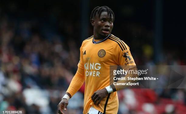 BLACKBURN, ENGLAND - OCTOBER 1:  Leicester City's Abdul Fatawu Issahaku during the Sky Bet Championship match between Blackburn Rovers and Leicester City at Ewood Park on October 1, 2023 in Blackburn, England. (Photo by Stephen White - CameraSport via Getty Images)