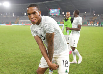 Grant Kekana of South Africa celebrates victory during the 2023 Africa Cup of Nations quarterfinal match between Cape Verde and South Africa at Charles Konan Stadium in Yamoussoukro, Cote dIvoire on 3 February 2024 ©Samuel Shivambu/BackpagePix