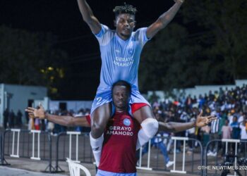 Picture Caption: Agblevor (jersey number 2)being carried by fellow Ghanaian team mate Moro Sumaila after his brace against APR