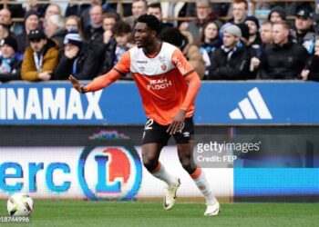 32 Nathaniel ADJEI (fcl) during the Ligue 1 Uber Eats match between Racing Club de Strasbourg Alsace and Football Club de Lorient at Stade de la Meinau on February 18, 2024 in Strasbourg, France. (Photo by Dave Winter/FEP/Icon Sport via Getty Images)