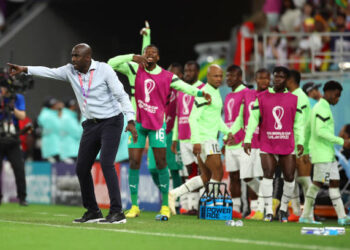 AL RAYYAN, QATAR - NOVEMBER 28: Otto Addo, Head Coach of Ghana, reacts during the FIFA World Cup Qatar 2022 Group H match between Korea Republic and Ghana at Education City Stadium on November 28, 2022 in Al Rayyan, Qatar. (Photo by Alex Grimm/Getty Images)