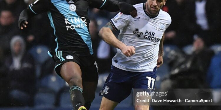 PRESTON, ENGLAND - APRIL 29: Preston North End's Robbie Brady battles with Leicester City's Abdul Fatawu
during the Sky Bet Championship match between Preston North End and Leicester City at Deepdale on April 29, 2024 in Preston, England.(Photo by Dave Howarth - CameraSport via Getty Images)