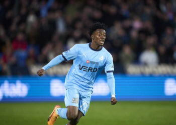 RANDERS, DENMARK - APRIL 19: Mohammed Fuseini of Randers FC celebrates after scoring their first goal during the Danish 3F Superliga match between Randers FC and OB Odense at Cepheus Park on April 19, 2024 in Odense, Denmark. (Photo by Lars Ronbog / FrontZoneSport via Getty Images)