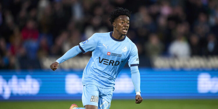 RANDERS, DENMARK - APRIL 19: Mohammed Fuseini of Randers FC celebrates after scoring their first goal during the Danish 3F Superliga match between Randers FC and OB Odense at Cepheus Park on April 19, 2024 in Odense, Denmark. (Photo by Lars Ronbog / FrontZoneSport via Getty Images)