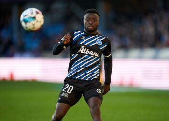 RANDERS, DENMARK - APRIL 19: Leeroy Owusu of OB Odense in action during the Danish 3F Superliga match between Randers FC and OB Odense at Cepheus Park on April 19, 2024 in Odense, Denmark. (Photo by Lars Ronbog / FrontZoneSport via Getty Images)