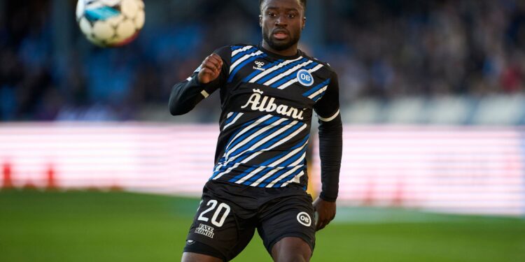 RANDERS, DENMARK - APRIL 19: Leeroy Owusu of OB Odense in action during the Danish 3F Superliga match between Randers FC and OB Odense at Cepheus Park on April 19, 2024 in Odense, Denmark. (Photo by Lars Ronbog / FrontZoneSport via Getty Images)