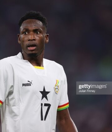 DOHA, QATAR - NOVEMBER 24: Abdul Rahman Baba of Ghana  looks on during the FIFA World Cup Qatar 2022 Group H match between Portugal and Ghana at Stadium 974 on November 24, 2022 in Doha, Qatar. (Photo by Julian Finney/Getty Images)
