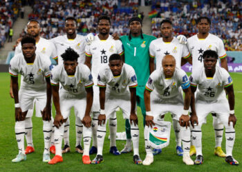 (TOP L-R) Ghana's forward #09 Jordan Ayew, Ghana's forward #19 Inaki Williams, Ghana's defender #18 Daniel Amartey, Ghana's goalkeeper #01 Lawrence Ati Zigi, Ghana's defender #17 Abdul Rahman Baba, Ghana's defender #04 Mohammed Salisu (BOTTOM L-R) Ghana's midfielder #05 Thomas Partey, Ghana's midfielder #20 Mohammed Kudus, Ghana's midfielder #21 Salis Abdul Samed, Ghana's midfielder #10 Andre Ayew and Ghana's defender #26 Alidu Seidu pose ahead of the Qatar 2022 World Cup Group H football match between Ghana and Uruguay at the Al-Janoub Stadium in Al-Wakrah, south of Doha on December 2, 2022. (Photo by Khaled DESOUKI / AFP) (Photo by KHALED DESOUKI/AFP via Getty Images)