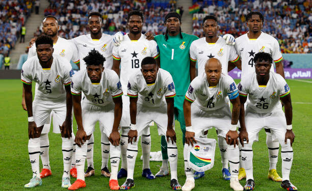 (TOP L-R) Ghana's forward #09 Jordan Ayew, Ghana's forward #19 Inaki Williams, Ghana's defender #18 Daniel Amartey, Ghana's goalkeeper #01 Lawrence Ati Zigi, Ghana's defender #17 Abdul Rahman Baba, Ghana's defender #04 Mohammed Salisu (BOTTOM L-R) Ghana's midfielder #05 Thomas Partey, Ghana's midfielder #20 Mohammed Kudus, Ghana's midfielder #21 Salis Abdul Samed, Ghana's midfielder #10 Andre Ayew and Ghana's defender #26 Alidu Seidu pose ahead of the Qatar 2022 World Cup Group H football match between Ghana and Uruguay at the Al-Janoub Stadium in Al-Wakrah, south of Doha on December 2, 2022. (Photo by Khaled DESOUKI / AFP) (Photo by KHALED DESOUKI/AFP via Getty Images)