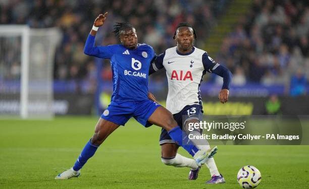 Leicester City's Abdul Fatawu Issahaku (left) challenges Tottenham Hotspur's Destiny Udogie (right) during the Premier League match at the King Power Stadium, Leicester. Picture date: Monday August 19, 2024. (Photo by Bradley Collyer/PA Images via Getty Images)