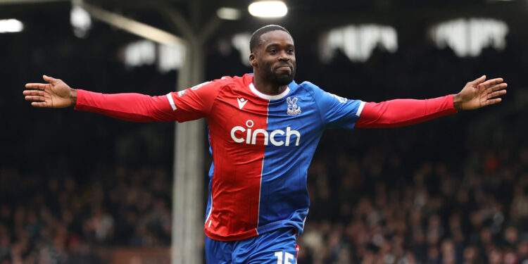 LONDON, ENGLAND - APRIL 27: Jeffrey Schlupp of Crystal Palace celebrates scoring his team's first goal during the Premier League match between Fulham FC and Crystal Palace at Craven Cottage on April 27, 2024 in London, England. (Photo by Ryan Pierse/Getty Images)