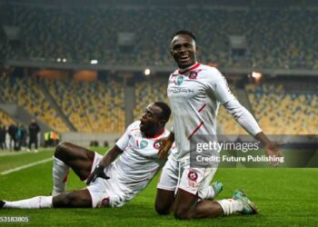 LVIV, UKRAINE - MARCH 3, 2024 - Forward Prince Kwabena Adu (R) of FC Kryvbas Kryvyi Rih reacts to scoring during the 2023/2024 Ukrainian Premier League Matchday 19 game against FC Shakhtar Donetsk at the Arena Lviv.  (Photo credit should read Anastasiia Smolienko / Ukrinform/Future Publishing via Getty Images)