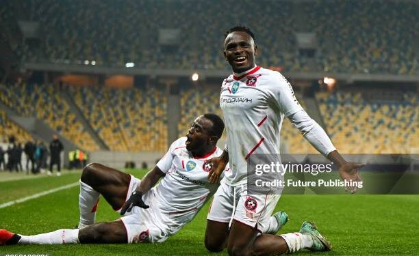 LVIV, UKRAINE - MARCH 3, 2024 - Forward Prince Kwabena Adu (R) of FC Kryvbas Kryvyi Rih reacts to scoring during the 2023/2024 Ukrainian Premier League Matchday 19 game against FC Shakhtar Donetsk at the Arena Lviv.  (Photo credit should read Anastasiia Smolienko / Ukrinform/Future Publishing via Getty Images)