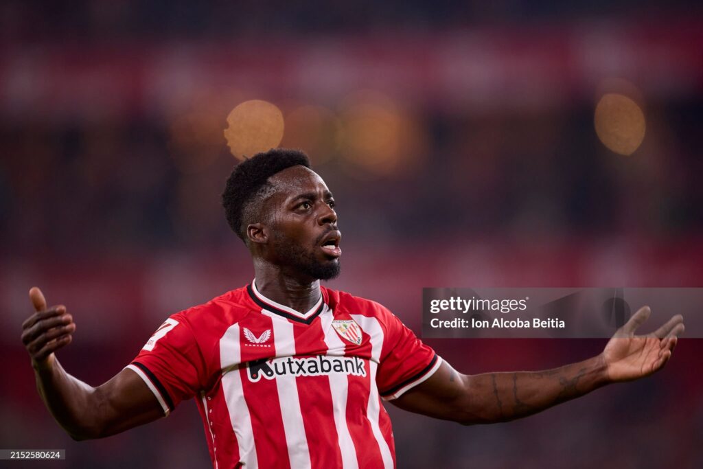 BILBAO, SPAIN - MAY 11: Inaki Williams of Athletic Club celebrates after scoring his team's first goal during the LaLiga EA Sports match between Athletic Club and CA Osasuna at Estadio de San Mames on May 11, 2024 in Bilbao, Spain. (Photo by Ion Alcoba Beitia/Getty Images)