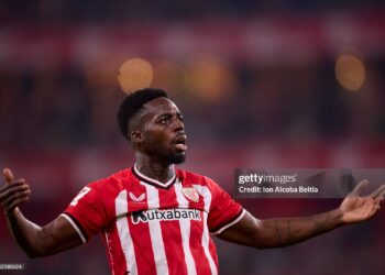 BILBAO, SPAIN - MAY 11: Inaki Williams of Athletic Club celebrates after scoring his team's first goal during the LaLiga EA Sports match between Athletic Club and CA Osasuna at Estadio de San Mames on May 11, 2024 in Bilbao, Spain. (Photo by Ion Alcoba Beitia/Getty Images)