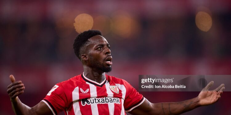 BILBAO, SPAIN - MAY 11: Inaki Williams of Athletic Club celebrates after scoring his team's first goal during the LaLiga EA Sports match between Athletic Club and CA Osasuna at Estadio de San Mames on May 11, 2024 in Bilbao, Spain. (Photo by Ion Alcoba Beitia/Getty Images)