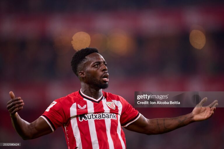 BILBAO, SPAIN - MAY 11: Inaki Williams of Athletic Club celebrates after scoring his team's first goal during the LaLiga EA Sports match between Athletic Club and CA Osasuna at Estadio de San Mames on May 11, 2024 in Bilbao, Spain. (Photo by Ion Alcoba Beitia/Getty Images)