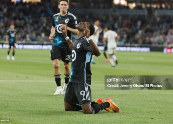 ST.PAUL, MN - SEPTEMBER 18: Kelvin Yeboah #9 of Minnesota United FC celebrates his goal during a game between FC Cincinnati and Minnesota United FC at Allianz Field on September 18, 2024 in St.Paul, Minnesota. (Photo by Jeremy Olson/ISI Photos/Getty Images)