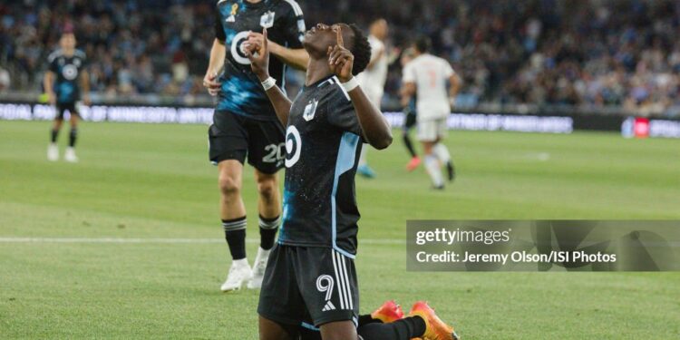 ST.PAUL, MN - SEPTEMBER 18: Kelvin Yeboah #9 of Minnesota United FC celebrates his goal during a game between FC Cincinnati and Minnesota United FC at Allianz Field on September 18, 2024 in St.Paul, Minnesota. (Photo by Jeremy Olson/ISI Photos/Getty Images)