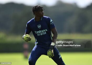 LONDON COLNEY, ENGLAND - AUGUST 20: Khari Ranson of Arsenal during a training session at Sobha Realty Training Centre on August 20, 2024 in London Colney, England.  (Photo by Stuart MacFarlane/Arsenal FC via Getty Images)