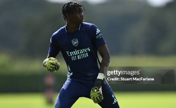 LONDON COLNEY, ENGLAND - AUGUST 20: Khari Ranson of Arsenal during a training session at Sobha Realty Training Centre on August 20, 2024 in London Colney, England.  (Photo by Stuart MacFarlane/Arsenal FC via Getty Images)
